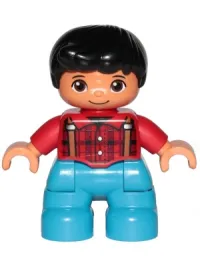 LEGO Duplo Figure Lego Ville, Child Boy, Dark Azure Legs, Red Checkered Shirt with Suspenders, Black Hair minifigure