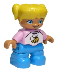 LEGO Duplo Figure Lego Ville, Child Girl, Dark Azure Legs, White and Bright Pink Top with Bee, Yellow Hair with Pigtails minifigure