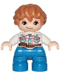 LEGO Duplo Figure Lego Ville, Child Boy, Blue Legs, White Checkered Shirt with Belt, Medium Nougat Hair minifigure