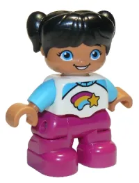 LEGO Duplo Figure Lego Ville, Child Girl, Magenta Legs, White and Medium Azure Top with Shooting Star, Black Hair with Pigtails minifigure