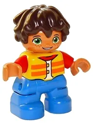 LEGO Duplo Figure Lego Ville, Child Boy, Blue Legs, Yellow Vest, Red Arms, Reddish Brown Hair minifigure