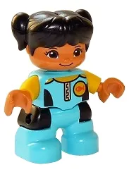 LEGO Duplo Figure Lego Ville, Child Girl, Medium Azure Diving Suit, Yellow Arms, Black Hair with Pigtails minifigure