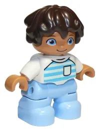 LEGO Duplo Figure Lego Ville, Child Boy, Bright Light Blue Legs, White Top with Medium Azure and Light Aqua Stripes, White Arms, Dark Brown Hair minifigure