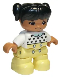 LEGO Duplo Figure Lego Ville, Child Girl, Bright Light Yellow Legs, White Top with Black Hearts, Black Hair with Pigtails, Medium Nougat Skin minifigure