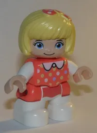 LEGO Duplo Figure Lego Ville, Child Girl, White Legs, Coral Top with Polka Dots Pattern, White Arms, Bright Light Yellow Hair with Bow minifigure