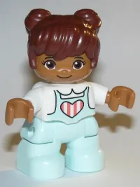 LEGO Duplo Figure Lego Ville, Child Girl, Light Aqua Legs, White Top with Coral Stripes in Heart, Reddish Brown Hair minifigure