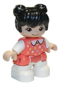 LEGO Duplo Figure Lego Ville, Child Girl, White Legs, Coral Top with Polka Dots Pattern, White Arms, Black Hair minifigure