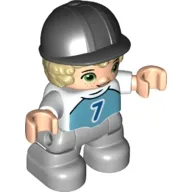 LEGO Duplo Figure Lego Ville, Child Boy, Light Bluish Gray Legs, Medium Azure Top with Number 7, Tan Hair, Black Riding Helmet minifigure