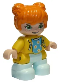 LEGO Duplo Figure Lego Ville, Child Girl, Light Aqua Legs, Yellow Jacket with Medium Azure Top with Flowers, Orange Hair minifigure