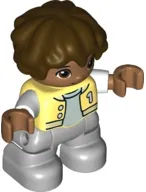 LEGO Duplo Figure Lego Ville, Child Boy, Light Bluish Gray Legs, Bright Light Yellow Jacket with Number 1, Dark Brown Hair minifigure