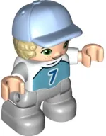 LEGO Duplo Figure Lego Ville, Child Boy, Light Bluish Gray Legs, Medium Azure Top with Number 7, Tan Hair, Bright Light Blue Cap minifigure