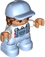 LEGO Duplo Figure Lego Ville, Child Girl, Bright Light Blue Legs with Overalls, White Top, Reddish Brown Hair, Bright Light Blue Cap minifigure