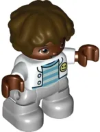 LEGO Duplo Figure Lego Ville, Child Boy, Light Bluish Gray Legs, White Jacket, Light Aqua and Medium Azure Striped Top, Dark Brown Hair minifigure