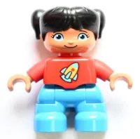 LEGO Duplo Figure Lego Ville, Child Girl, Dark Azure Legs, Red Top with Space Rocket Ship, Black Hair minifigure