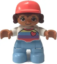 LEGO Duplo Figure Lego Ville, Child Girl, Bright Light Blue Legs, White Top with Stripes and Heart, Reddish Brown Hair, Coral Cap minifigure