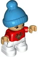 LEGO Duplo Figure Lego Ville, Child Boy, White Legs, Red Top with Deer Buck, Freckles, Reddish Brown Eyes, Dark Azure Bobble Cap minifigure