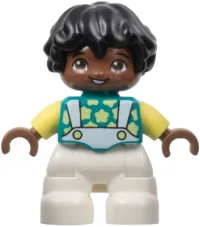 LEGO Duplo Figure Lego Ville, Child Boy, White Legs, Dark Turquoise Top with Suspenders, Bright Light Yellow Sleeves and Stars, Black Hair (6444500) minifigure