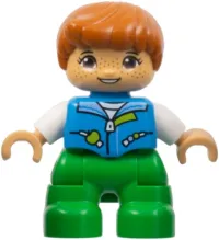 LEGO Duplo Figure Lego Ville, Child Boy, Bright Green Legs, Dark Azure Vest, White Shirt, Dark Orange Hair, Hearing Aids (6443276) minifigure
