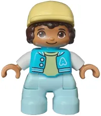 LEGO Duplo Figure Lego Ville, Child Girl, Light Aqua Legs, Medium Azure Jacket with Capital Letter A and Buttons, Dark Brown Hair, Bright Light Yellow Cap (6435328) minifigure