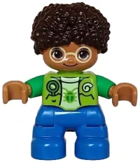 LEGO Duplo Figure Lego Ville, Child Boy, Blue Legs, Lime Vest, Yellowish Green Shirt, Bright Light Yellow Glasses, Dark Brown Hair (6446049) minifigure