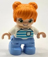 LEGO Duplo Figure Lego Ville, Child Girl, Bright Light Blue Legs, Orange Hair, Medium Azure and Light Aqua Striped Shirt, Green Eyes, Freckles, White Arms (6453163) minifigure