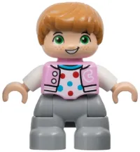LEGO Duplo Figure Lego Ville, Child Boy, Light Bluish Gray Legs, Bright Pink Jacket with Capital Letter C, Polka Dot Shirt, Medium Nougat Hair (6446171) minifigure