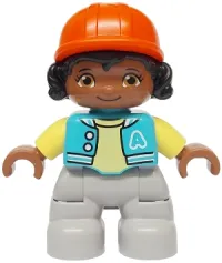 LEGO Duplo Figure Lego Ville, Child Girl, Light Bluish Gray Legs, Medium Azure Jacket with Capital Letter A and Buttons, Black Hair, Reddish Orange Riding Helmet (6474068) minifigure