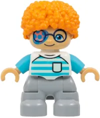 LEGO Duplo Figure Lego Ville, Child Boy, Light Bluish Gray Legs, White Shirt with Light Aqua and Medium Azure Stripes, Dark Blue Glasses, Coral and Dark Azure Eye Patch, Orange Hair (6533350) minifigure