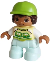 LEGO Duplo Figure Lego Ville, Child Boy, Light Aqua Legs, Bright Light Yellow Shirt with Train Pattern, Dark Brown Hair, Lime Cap (6488925) minifigure