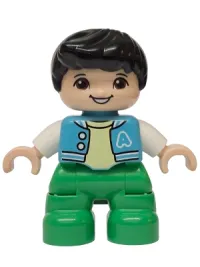 LEGO Duplo Figure Lego Ville, Child Boy, Bright Green Legs, Medium Azure Jacket with Capital Letter A and Buttons, Black Hair (6590637) minifigure