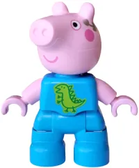 LEGO Duplo Figure Lego Ville, George Pig - Dark Azure Outfit with Green Dinosaur Outline on Lime Background, Silver Earpiece Pattern (6601057) minifigure