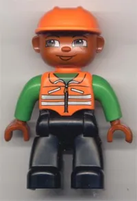 LEGO Duplo Figure Lego Ville, Male, Black Legs, Orange Vest, Orange Construction Helmet, Dark Skin minifigure