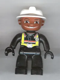 LEGO Duplo Figure Lego Ville, Male Fireman, Black Legs, Black Hands, White Helmet, Brown Face minifigure