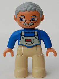LEGO Duplo Figure Lego Ville, Male, Tan Legs, Blue Top with White Overalls Bib, Light Bluish Gray Hair minifigure