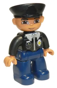 LEGO Duplo Figure Lego Ville, Male Police, Black Hat, Light Nougat Head and Hands, Brown Eyes, Black Shirt with Badge, Dark Blue Legs minifigure