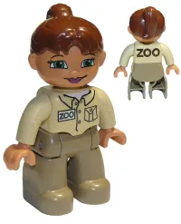 LEGO Duplo Figure Lego Ville, Female, Dark Tan Legs, Tan Top, Reddish Brown Ponytail Hair, Green Eyes (Zoo Keeper) minifigure