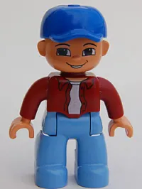 LEGO Duplo Figure Lego Ville, Male, Medium Blue Legs, Dark Red Top, Blue Baseball Cap minifigure