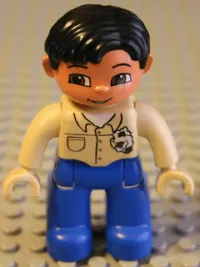 LEGO Duplo Figure Lego Ville, Male, Blue Legs, Tan Top with Buttons and Rag in Pocket, Black Hair, Tan Hands (Mechanic) minifigure