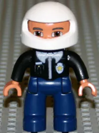 LEGO Duplo Figure Lego Ville, Male Police, Dark Blue Legs, Black Top with Badge, Black Arms, White Helmet, Dark Bluish Gray Eyebrows, Reddish Brown Eyes minifigure