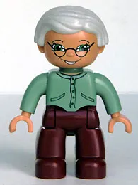 LEGO Duplo Figure Lego Ville, Female, Dark Red Legs, Sand Green Sweater, Very Light Gray Hair, Green Eyes, Glasses minifigure