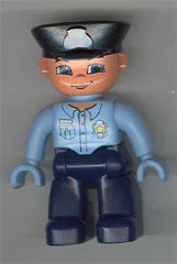 LEGO Duplo Figure Lego Ville, Male Police, Dark Blue Legs, Light Blue Top with Badge, Light Blue Hands, Black Hat minifigure