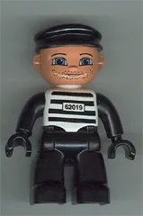 LEGO Duplo Figure Lego Ville, Male, Black Legs, Black and White Striped Top with Number 62019, Black Arms and Hands, Black Cap (Prisoner) minifigure