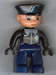 LEGO Duplo Figure Lego Ville, Male Police, Dark Blue Legs, Black Top with Badge, Black Arms, Black Hands, Black Hat minifigure