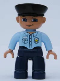 LEGO Duplo Figure Lego Ville, Male Police, Black Hat, Nougat Head and Hands, Bright Light Blue Shirt with Badge, Dark Blue Legs minifigure