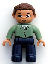 LEGO Duplo Figure Lego Ville, Male, Dark Blue Legs, Sand Green Top with Buttons, Reddish Brown Hair, Brown Eyes minifigure