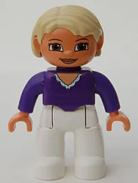 LEGO Duplo Figure Lego Ville, Female, White Legs, Dark Purple Top, Tan Hair, Brown Eyes minifigure