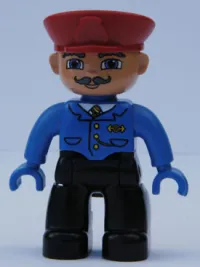 LEGO Duplo Figure Lego Ville, Male, Black Legs, Blue Jacket with Tie, Red Hat, Curly Moustache (Train Conductor) minifigure