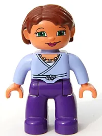 LEGO Duplo Figure Lego Ville, Female, Dark Purple Legs, Light Violet Wrap Top with Necklace, Nougat Hands, Reddish Brown Hair, Green Eyes minifigure