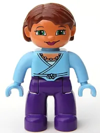 LEGO Duplo Figure Lego Ville, Female, Dark Purple Legs, Bright Light Blue Wrap Top with Necklace, Bright Light Blue Hands, Reddish Brown Hair, Green Eyes minifigure