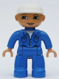 LEGO Duplo Figure Lego Ville, Male, Blue Legs, Blue Top with Pockets, White Construction Helmet, Green Eyes Looking Right minifigure